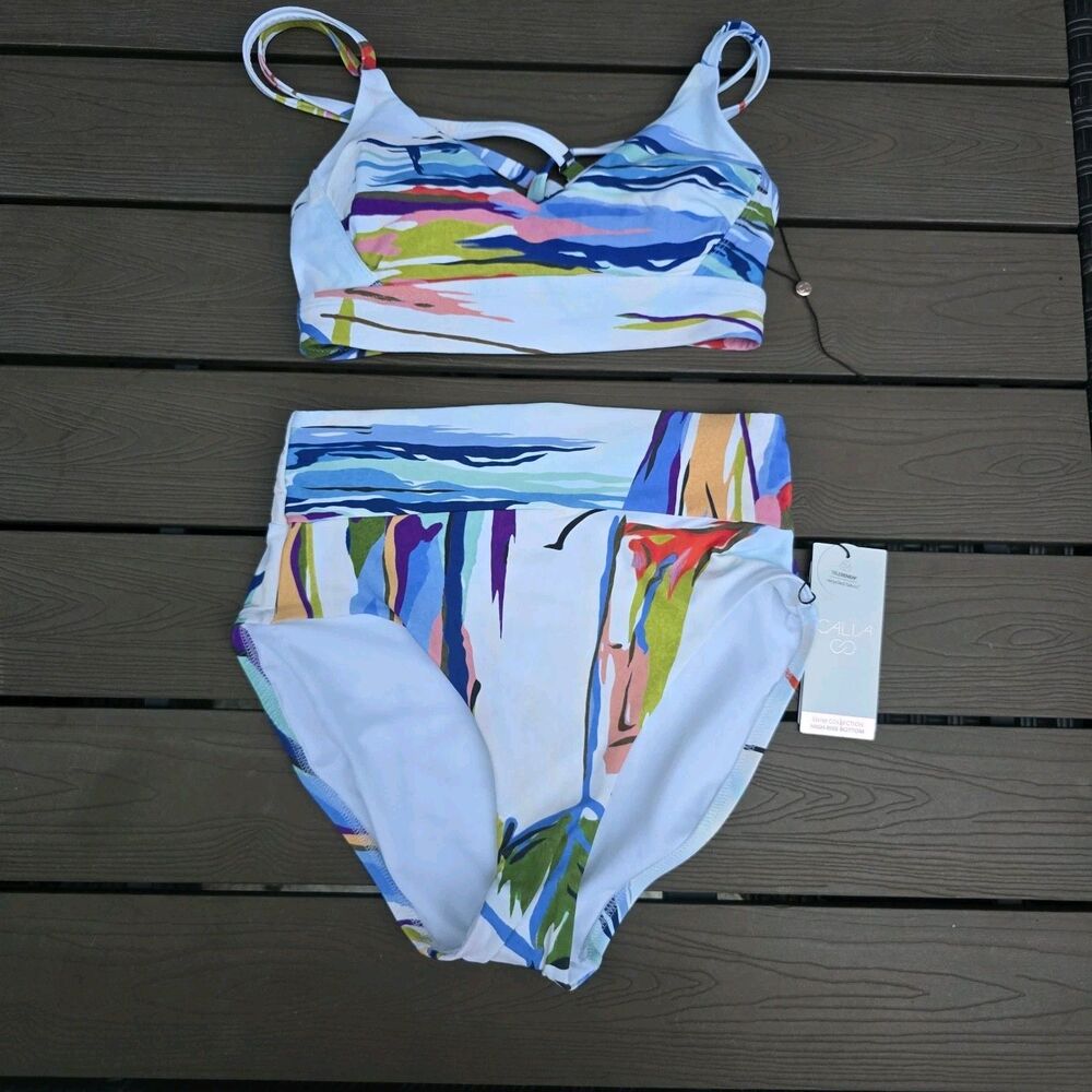 CALIA Women's Tahitian Rouched Strappy Back Top & Wide Band Bikini Sz XS New